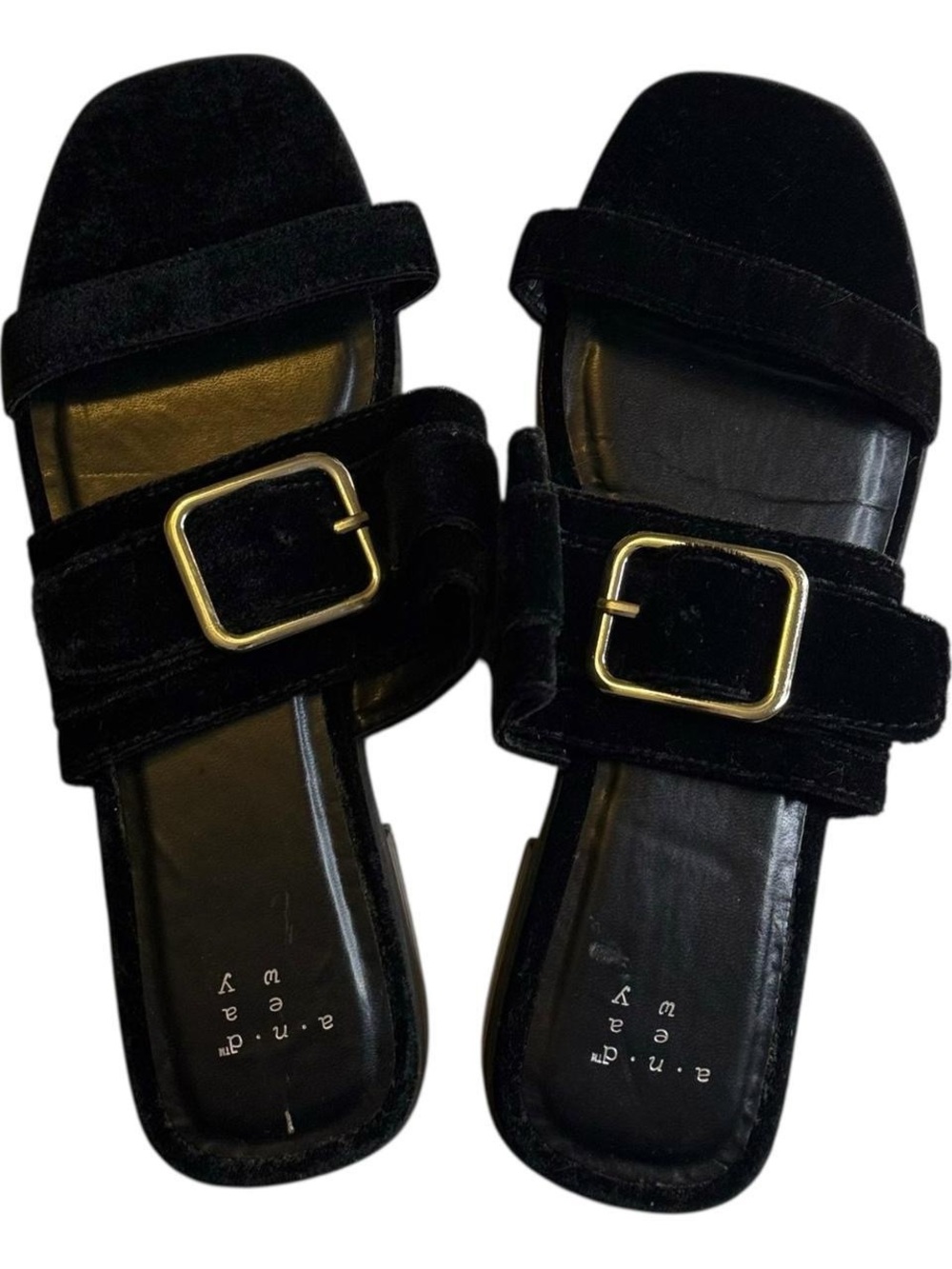 a new day Black Velvet Slide Sandals with Gold Buckles